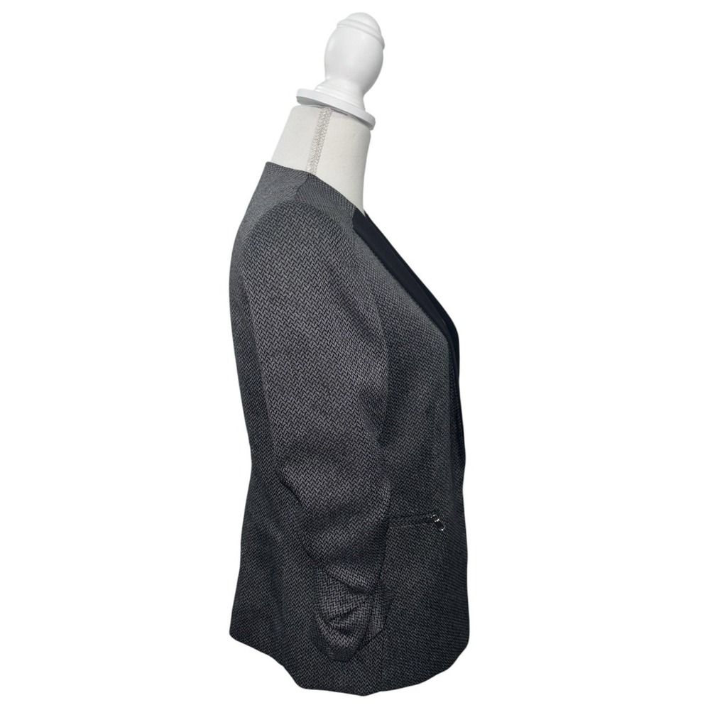 Tahari ASL Petite 8P Grey Herringbone Tuxedo Blazer Ruched Sleeve Zipper‎ Accent - Picture 3 of 13